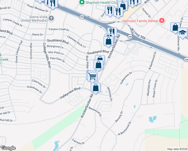 map of restaurants, bars, coffee shops, grocery stores, and more near 2600 Oak Hills Trail in San Angelo