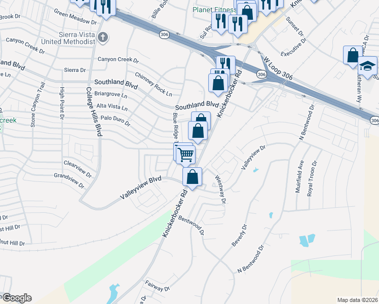 map of restaurants, bars, coffee shops, grocery stores, and more near 2600 Oak Hills Trail in San Angelo
