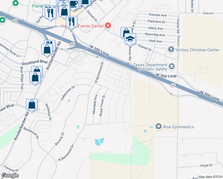 map of restaurants, bars, coffee shops, grocery stores, and more near 1606 Pine Valley Street in San Angelo