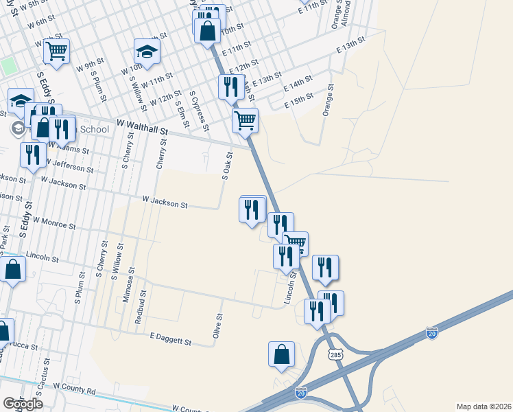 map of restaurants, bars, coffee shops, grocery stores, and more near 1901 South Cedar Street in Pecos