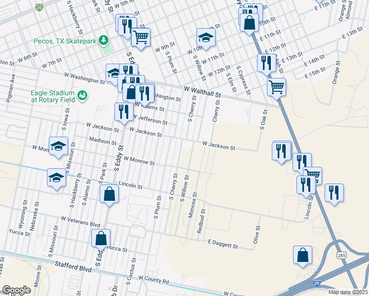 map of restaurants, bars, coffee shops, grocery stores, and more near 1500-1598 South Cherry Street in Pecos