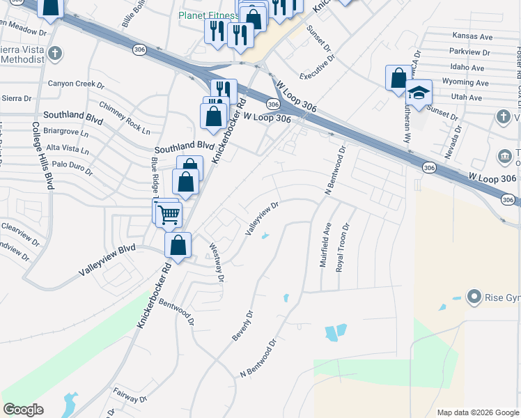 map of restaurants, bars, coffee shops, grocery stores, and more near 2033 Valleyview Drive in San Angelo