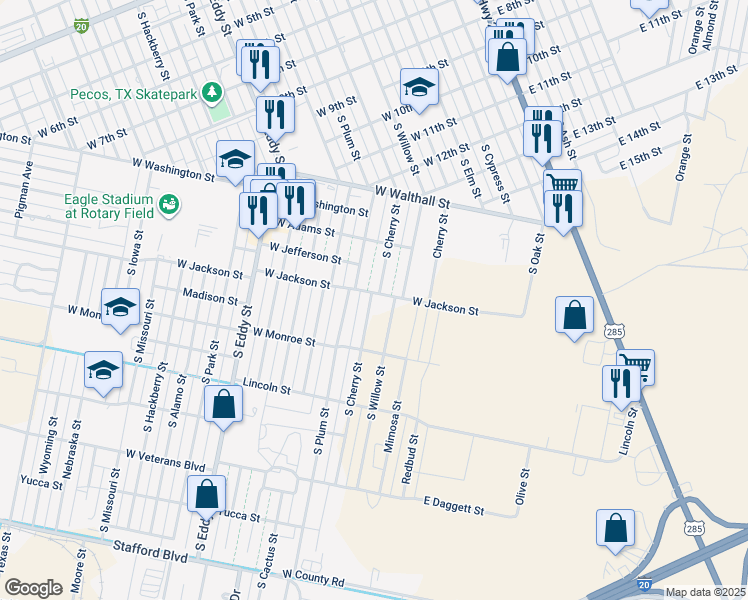 map of restaurants, bars, coffee shops, grocery stores, and more near 1500-1598 South Cherry Street in Pecos