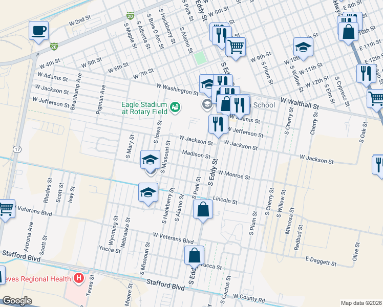 map of restaurants, bars, coffee shops, grocery stores, and more near 1600 South Alamo Street in Pecos