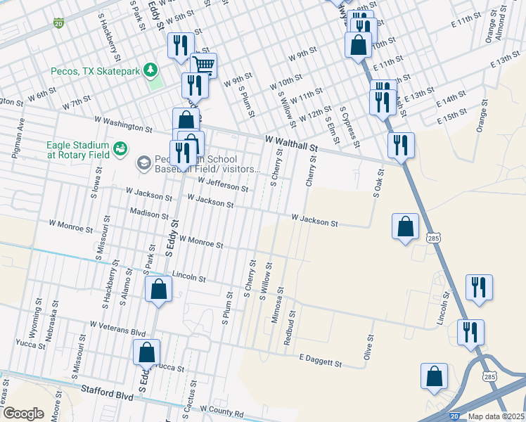 map of restaurants, bars, coffee shops, grocery stores, and more near 1500 South Cherry Street in Pecos