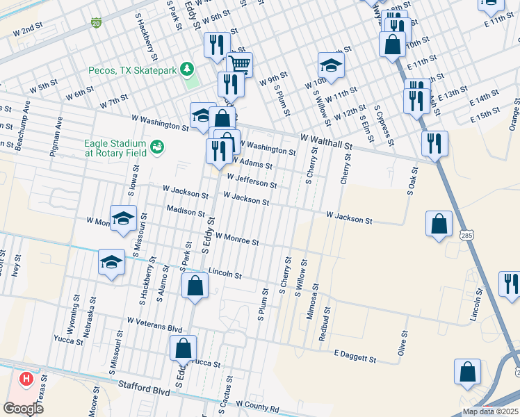 map of restaurants, bars, coffee shops, grocery stores, and more near 817 West Jackson Street in Pecos