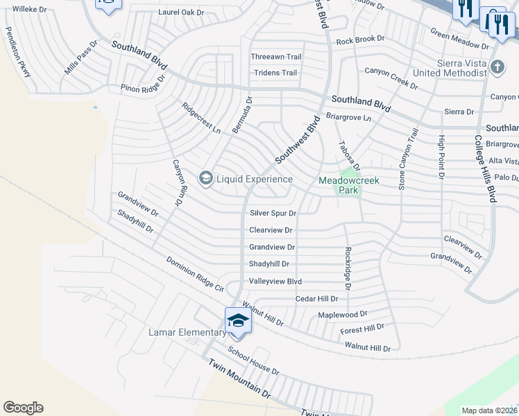 map of restaurants, bars, coffee shops, grocery stores, and more near 3426 Silver Spur Drive in San Angelo