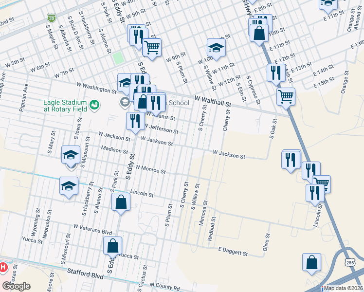 map of restaurants, bars, coffee shops, grocery stores, and more near 1501 South Plum Street in Pecos
