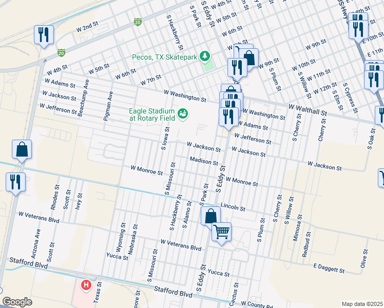 map of restaurants, bars, coffee shops, grocery stores, and more near 1515 South Alamo Street in Pecos