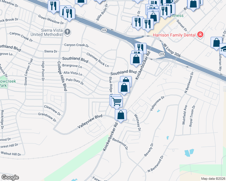 map of restaurants, bars, coffee shops, grocery stores, and more near 4916 Blue Ridge Trail in San Angelo