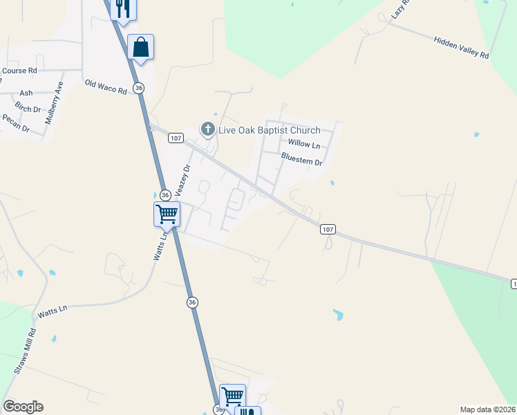 map of restaurants, bars, coffee shops, grocery stores, and more near Lovejoy in Gatesville
