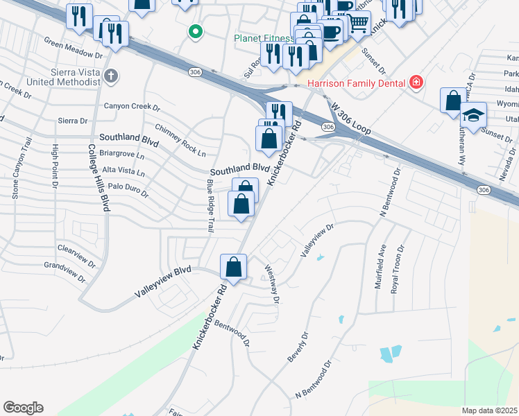 map of restaurants, bars, coffee shops, grocery stores, and more near 5018 Knickerbocker Road in San Angelo