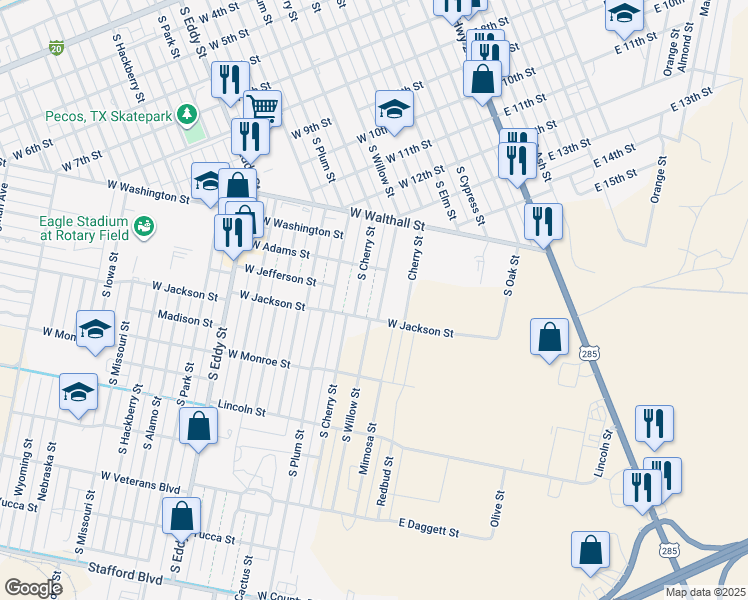 map of restaurants, bars, coffee shops, grocery stores, and more near 1401 South Willow Street in Pecos