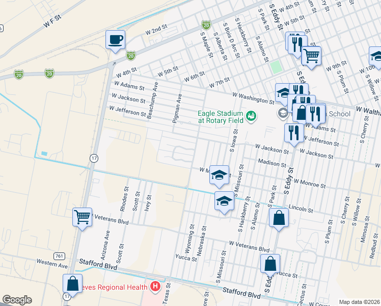 map of restaurants, bars, coffee shops, grocery stores, and more near Texas Street in Pecos