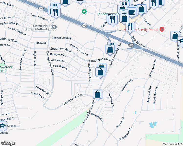 map of restaurants, bars, coffee shops, grocery stores, and more near 4916 Blue Ridge Trail in San Angelo