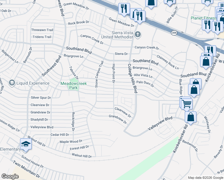 map of restaurants, bars, coffee shops, grocery stores, and more near 3101 Oak Mountain Trail in San Angelo