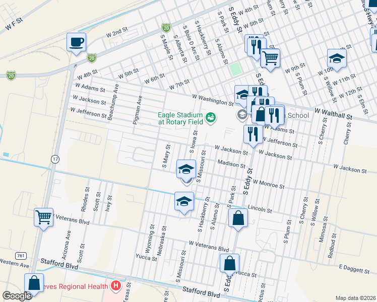 map of restaurants, bars, coffee shops, grocery stores, and more near 1501-1599 South Iowa Street in Pecos