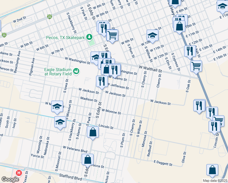 map of restaurants, bars, coffee shops, grocery stores, and more near 817 West Jackson Street in Pecos