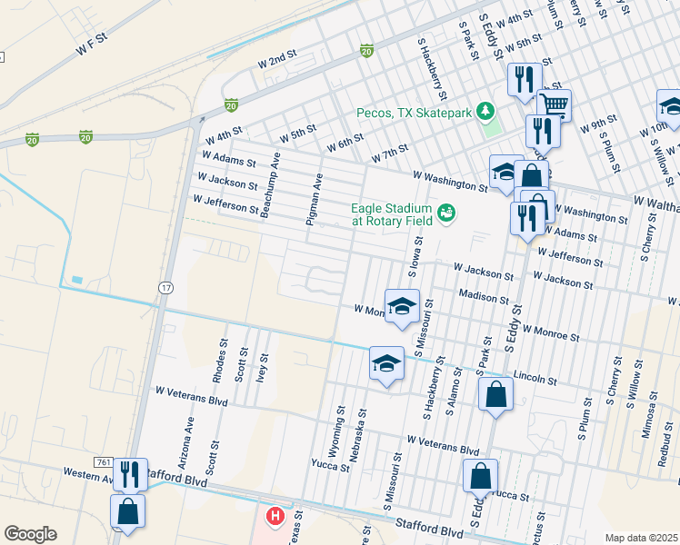 map of restaurants, bars, coffee shops, grocery stores, and more near Texas Street in Pecos