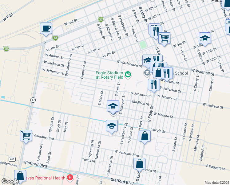 map of restaurants, bars, coffee shops, grocery stores, and more near 1501 South Iowa Street in Pecos