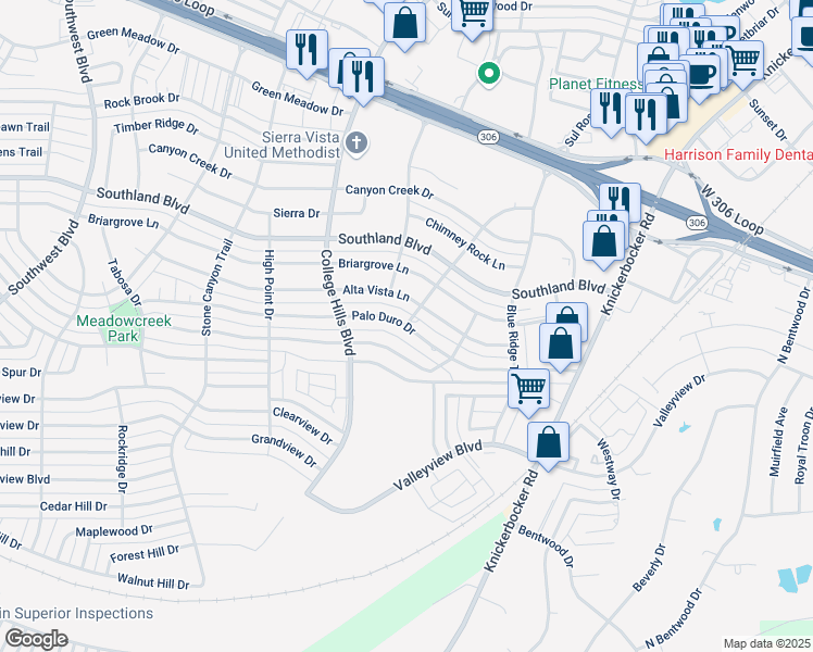 map of restaurants, bars, coffee shops, grocery stores, and more near 2800 Palo Duro Drive in San Angelo
