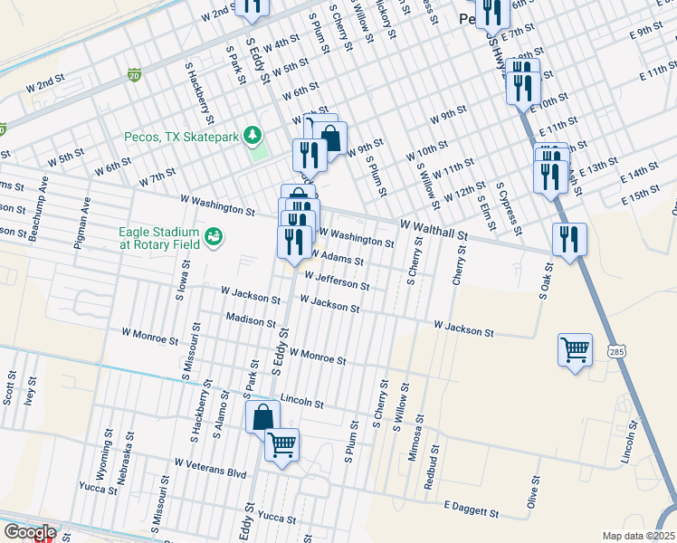 map of restaurants, bars, coffee shops, grocery stores, and more near 800-898 West Adams Street in Pecos