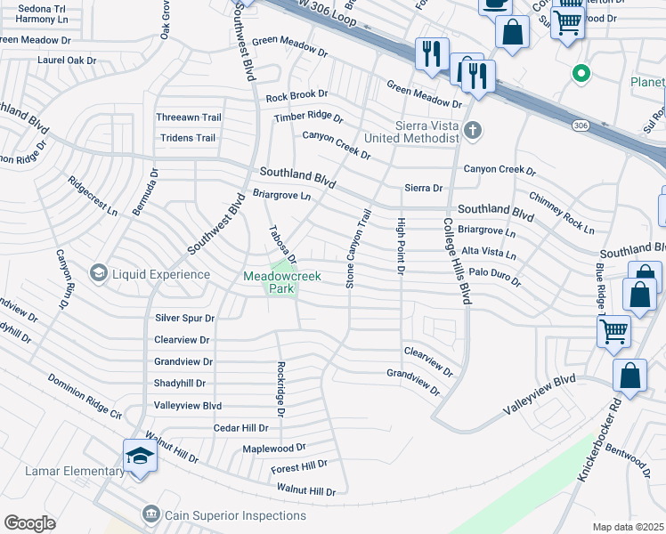 map of restaurants, bars, coffee shops, grocery stores, and more near 3201-3269 Palo Duro Drive in San Angelo
