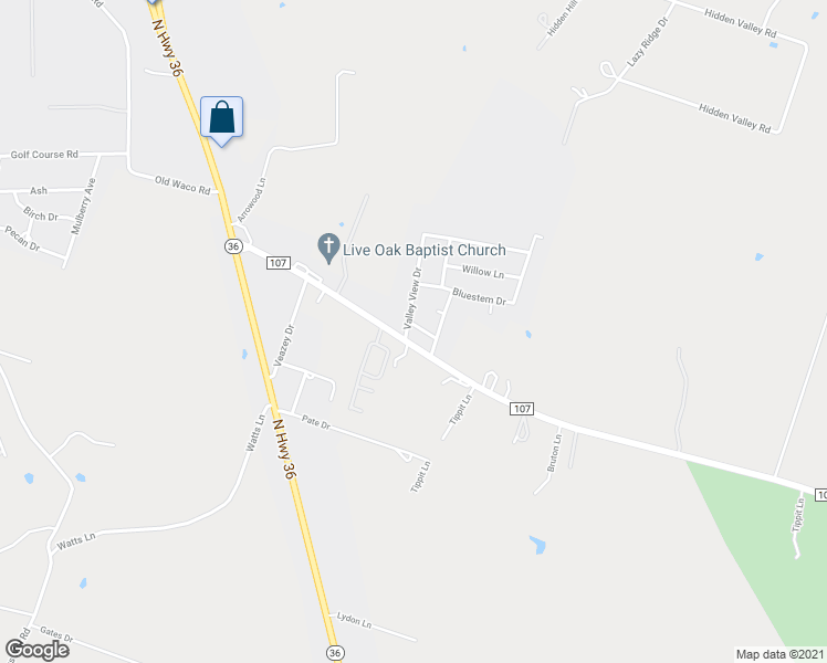 map of restaurants, bars, coffee shops, grocery stores, and more near 102 Lark Street in Gatesville