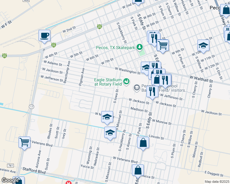 map of restaurants, bars, coffee shops, grocery stores, and more near 1419 South Iowa Street in Pecos