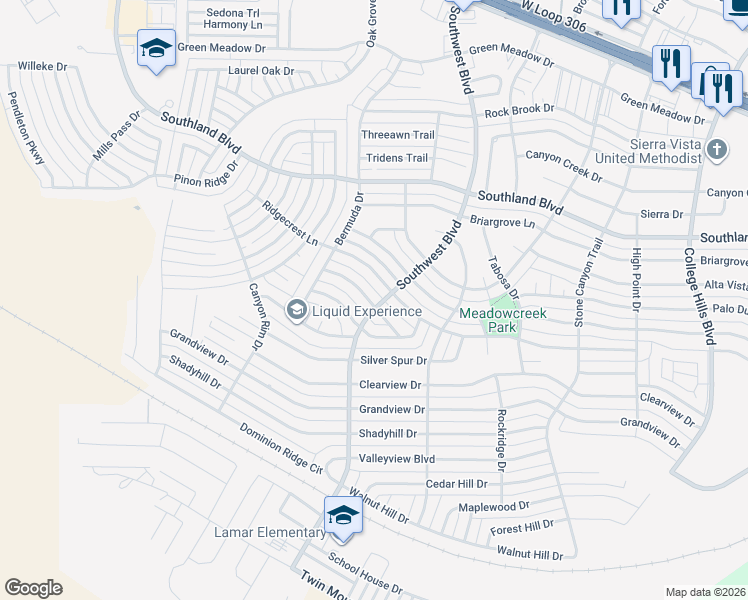 map of restaurants, bars, coffee shops, grocery stores, and more near 3502 Cedar Ridge Lane in San Angelo