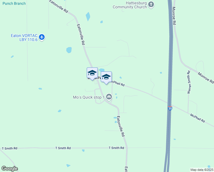 map of restaurants, bars, coffee shops, grocery stores, and more near 702 Eatonville Road in Hattiesburg