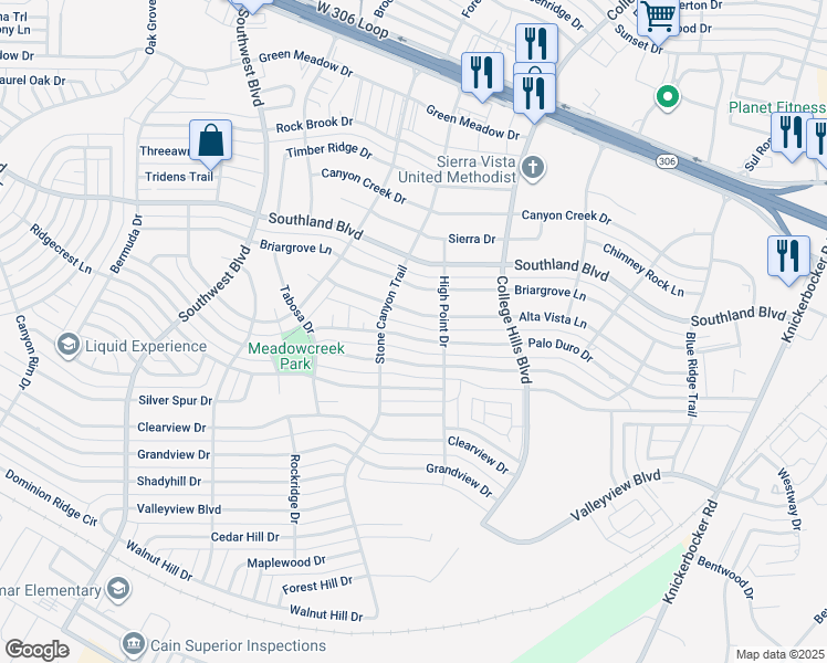 map of restaurants, bars, coffee shops, grocery stores, and more near 3114 Palo Duro Drive in San Angelo