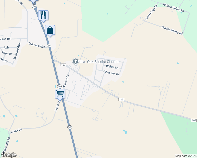 map of restaurants, bars, coffee shops, grocery stores, and more near 102 Lark Street in Gatesville
