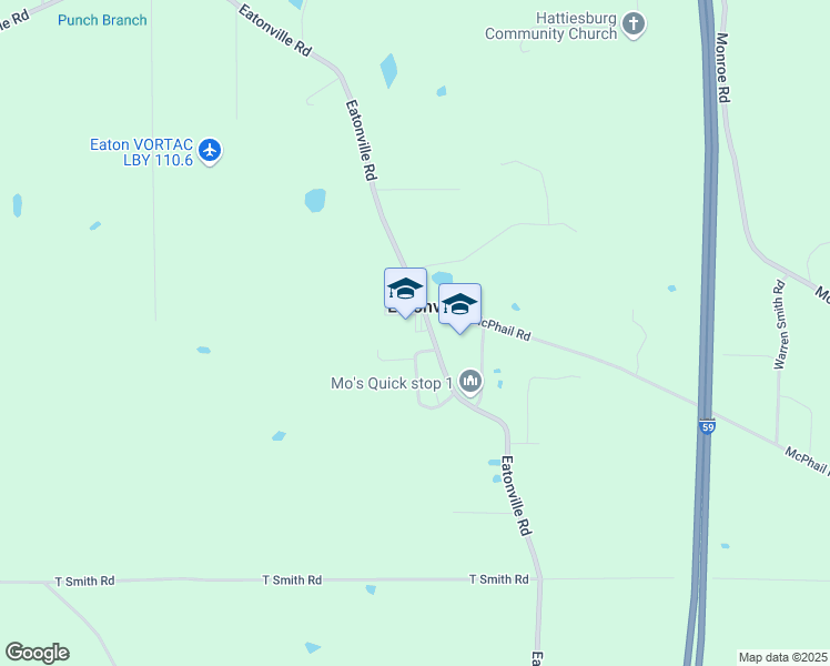 map of restaurants, bars, coffee shops, grocery stores, and more near 702 Eatonville Road in Hattiesburg