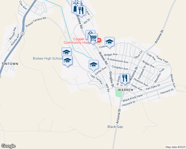 map of restaurants, bars, coffee shops, grocery stores, and more near 404 14th Terrace in Bisbee