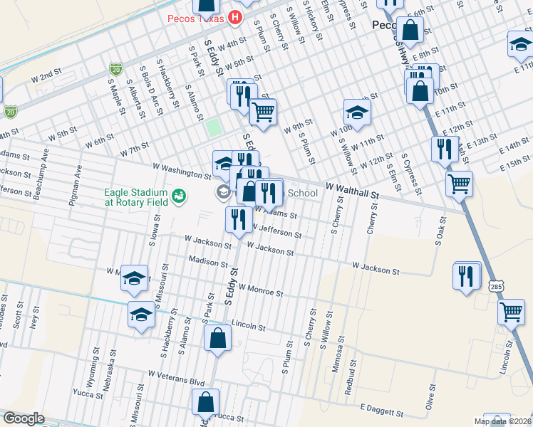 map of restaurants, bars, coffee shops, grocery stores, and more near 800-898 West Adams Street in Pecos