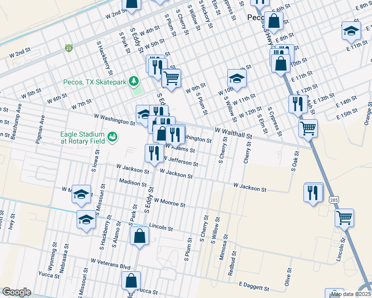 map of restaurants, bars, coffee shops, grocery stores, and more near 800 West Adams Street in Pecos