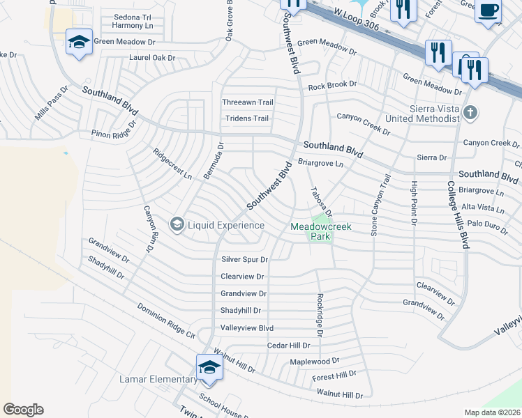 map of restaurants, bars, coffee shops, grocery stores, and more near 5225 Saddle Ridge Trail in San Angelo