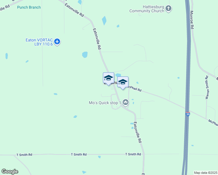 map of restaurants, bars, coffee shops, grocery stores, and more near 693 Eatonville Road in Hattiesburg