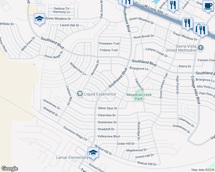 map of restaurants, bars, coffee shops, grocery stores, and more near 3502 Cedar Ridge Lane in San Angelo