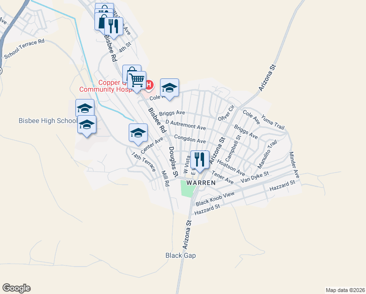 map of restaurants, bars, coffee shops, grocery stores, and more near 211 West Vista in Bisbee