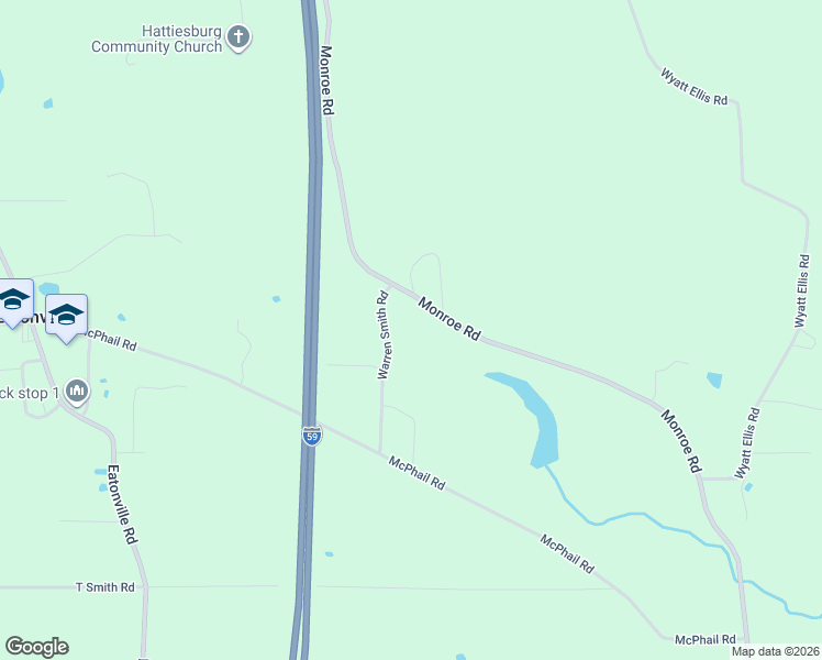 map of restaurants, bars, coffee shops, grocery stores, and more near 881 Monroe Road in Hattiesburg