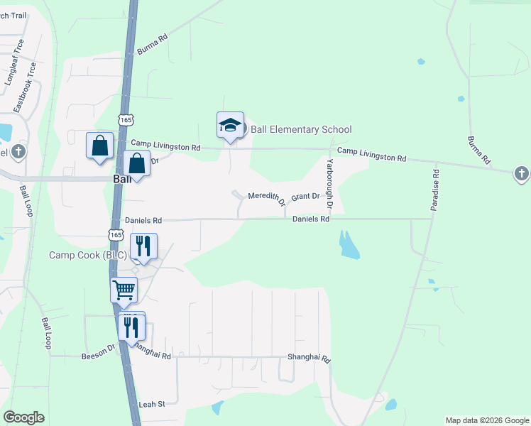 map of restaurants, bars, coffee shops, grocery stores, and more near 382 Daniels Road in Ball