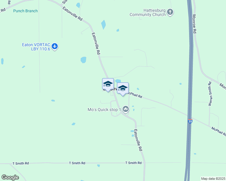 map of restaurants, bars, coffee shops, grocery stores, and more near 693 Eatonville Road in Hattiesburg