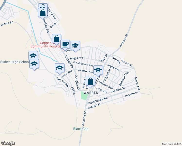 map of restaurants, bars, coffee shops, grocery stores, and more near 407 Powell Street in Bisbee