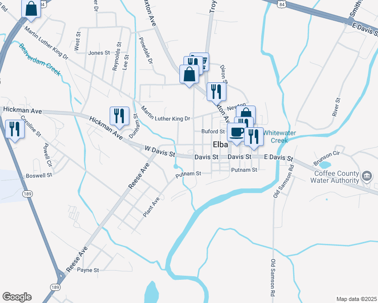 map of restaurants, bars, coffee shops, grocery stores, and more near 207 Adkinson St in Elba
