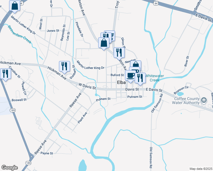 map of restaurants, bars, coffee shops, grocery stores, and more near 207 Adkinson St in Elba