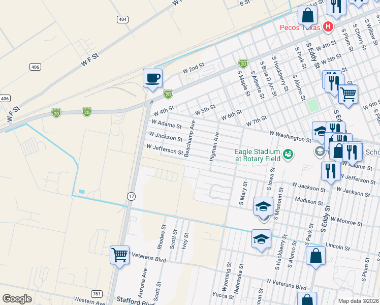 map of restaurants, bars, coffee shops, grocery stores, and more near 1800-1898 West Jackson Street in Pecos