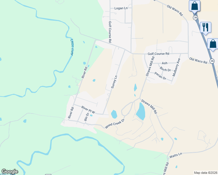 map of restaurants, bars, coffee shops, grocery stores, and more near 116 Surrey Lane in Gatesville