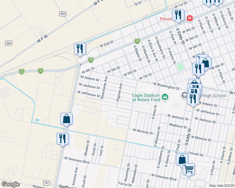 map of restaurants, bars, coffee shops, grocery stores, and more near 1800 West Jackson Street in Pecos